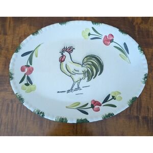 Vintage Hand Painted Rooster Oval Platter Ceramic Farmhouse Serving Dish 11in